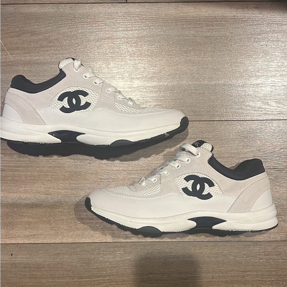 CHANEL White and Black Sneakers